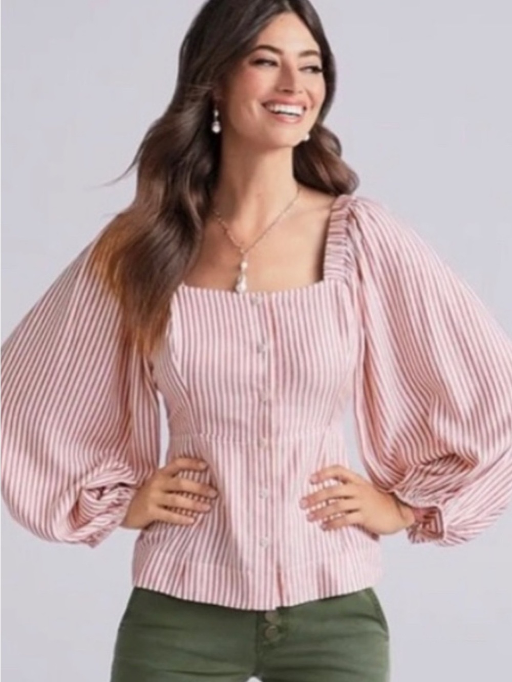 CAbi Pink Striped Square-Neck Puff Sleeve Blouse